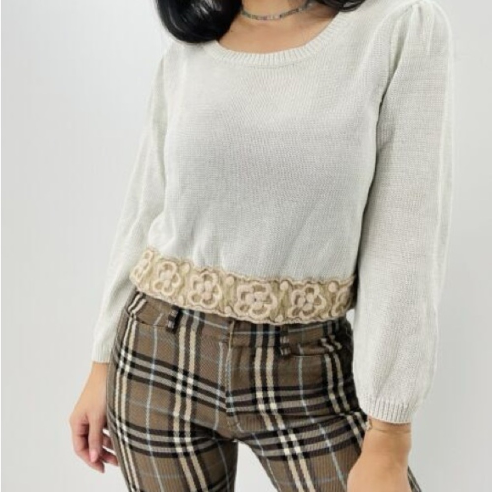 Anthropologie Cream Sweater with Tan Floral Detail